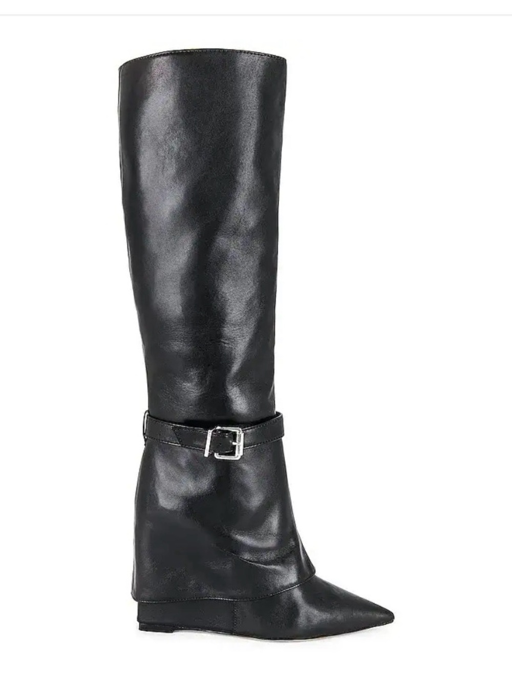 SCHUTZ Black Pointed-Toe Knee-High Leather Boots with Buckle